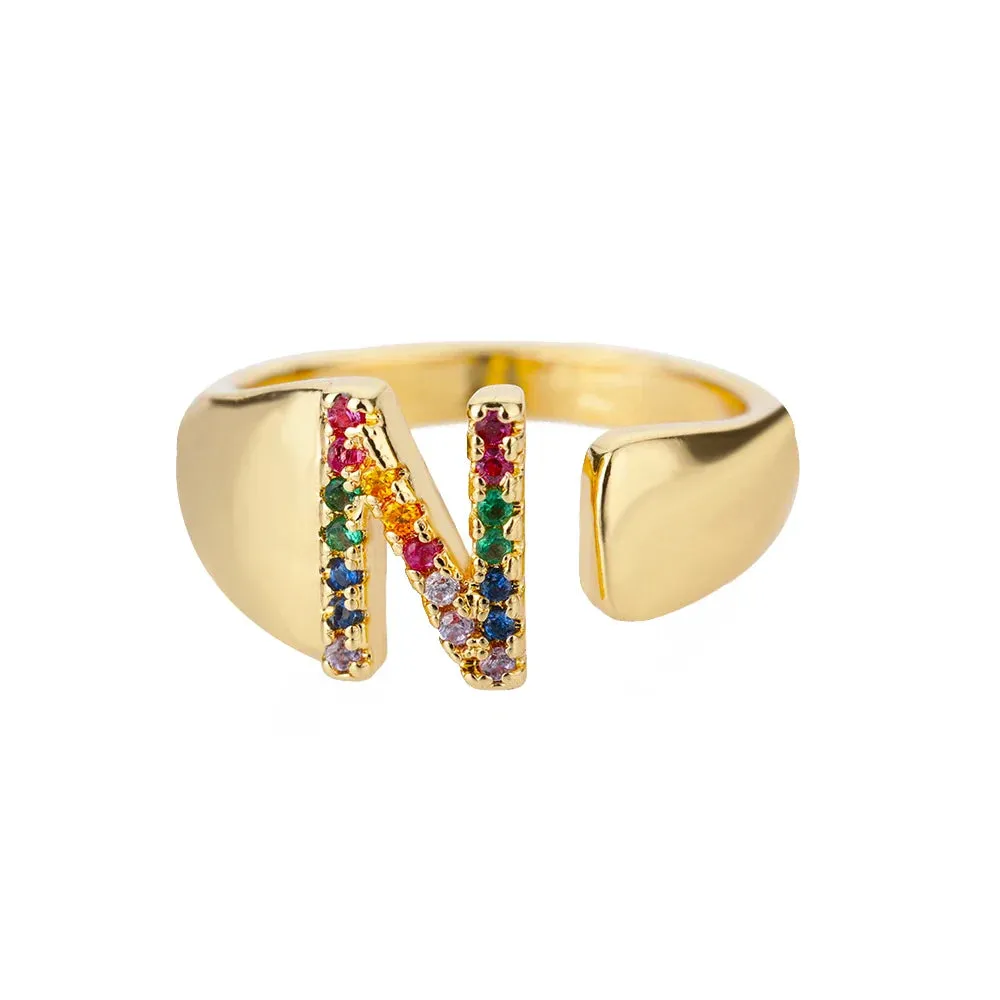 Rainbow Zircon Letter Rings For Women Fashion Chunky Wide Letter A-Z Stainless Steel Ring Wedding Boho