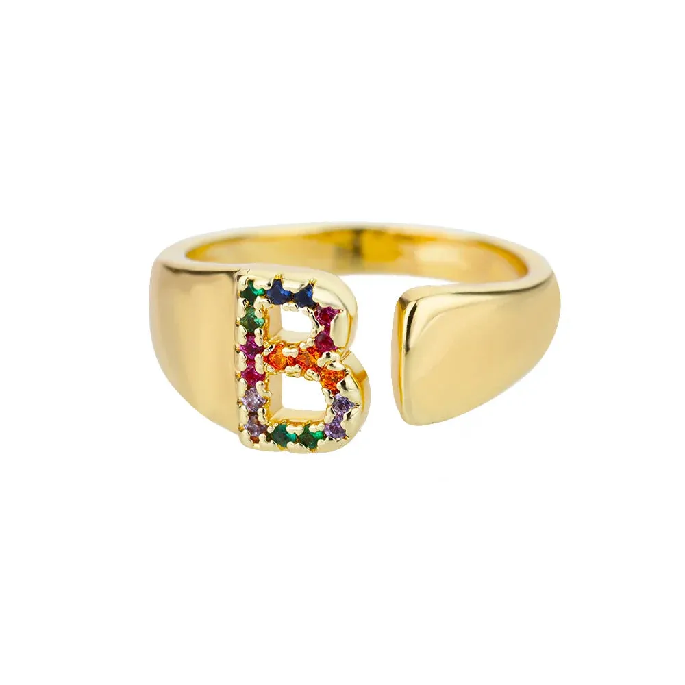 Rainbow Zircon Letter Rings For Women Fashion Chunky Wide Letter A-Z Stainless Steel Ring Wedding Boho