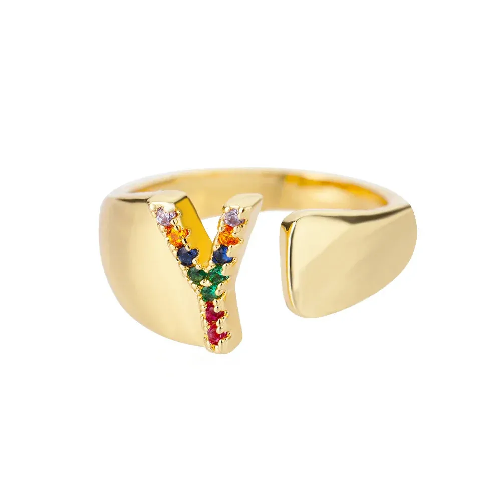 Rainbow Zircon Letter Rings For Women Fashion Chunky Wide Letter A-Z Stainless Steel Ring Wedding Boho