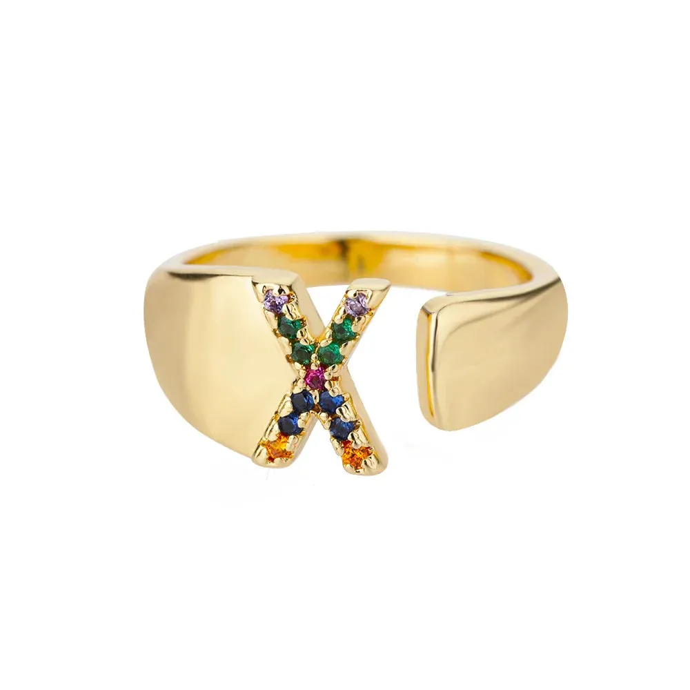 Rainbow Zircon Letter Rings For Women Fashion Chunky Wide Letter A-Z Stainless Steel Ring Wedding Boho