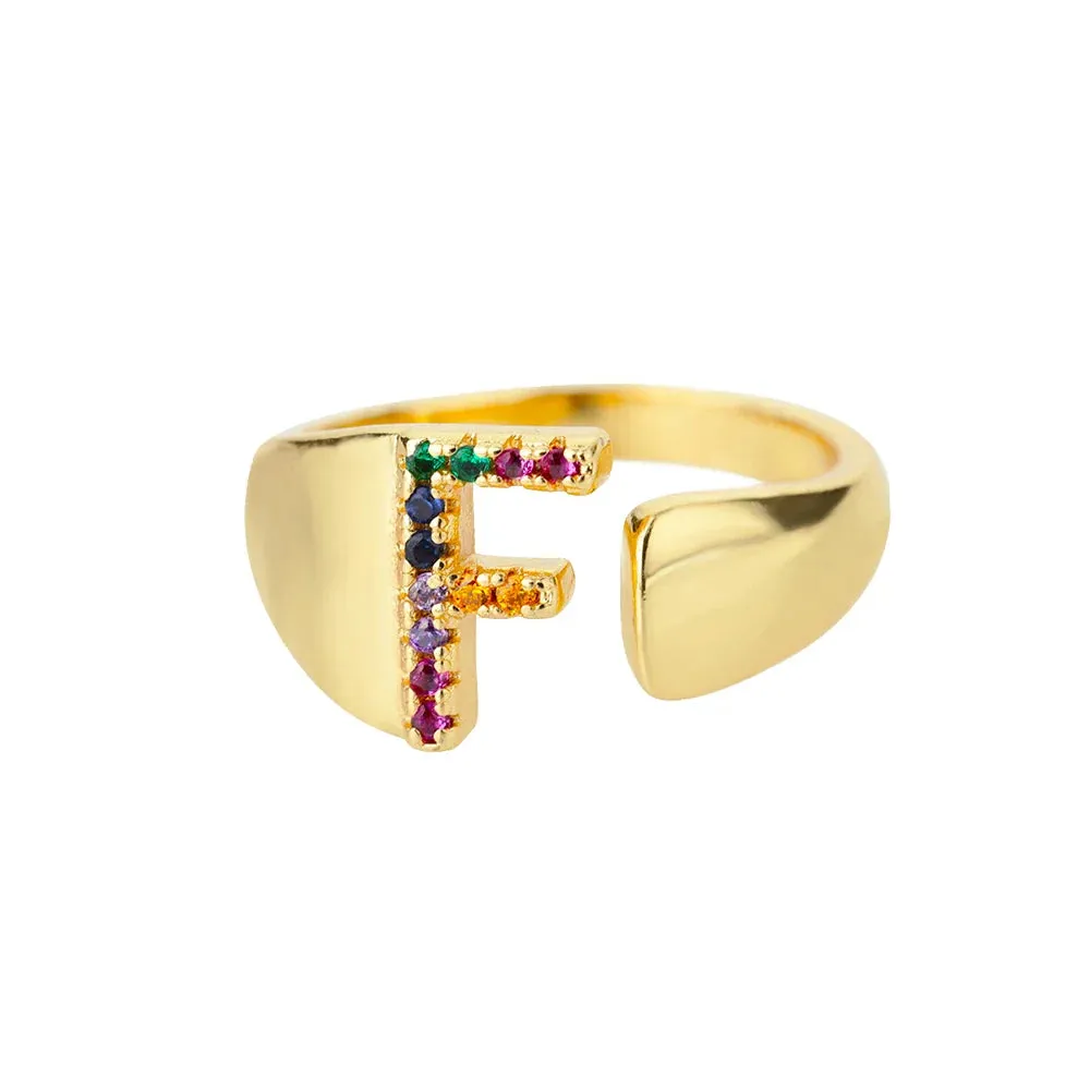 Rainbow Zircon Letter Rings For Women Fashion Chunky Wide Letter A-Z Stainless Steel Ring Wedding Boho