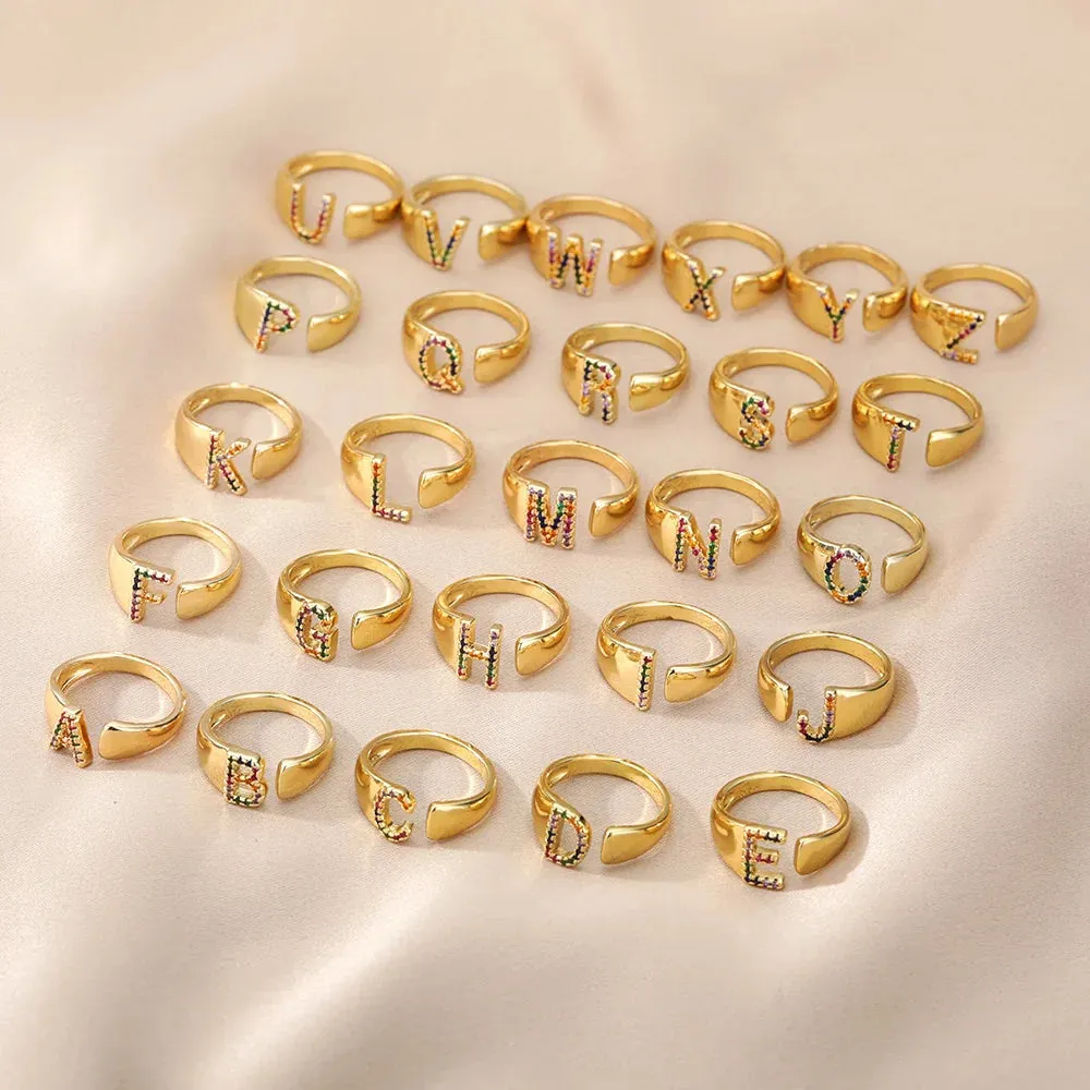 Rainbow Zircon Letter Rings For Women Fashion Chunky Wide Letter A-Z Stainless Steel Ring Wedding Boho