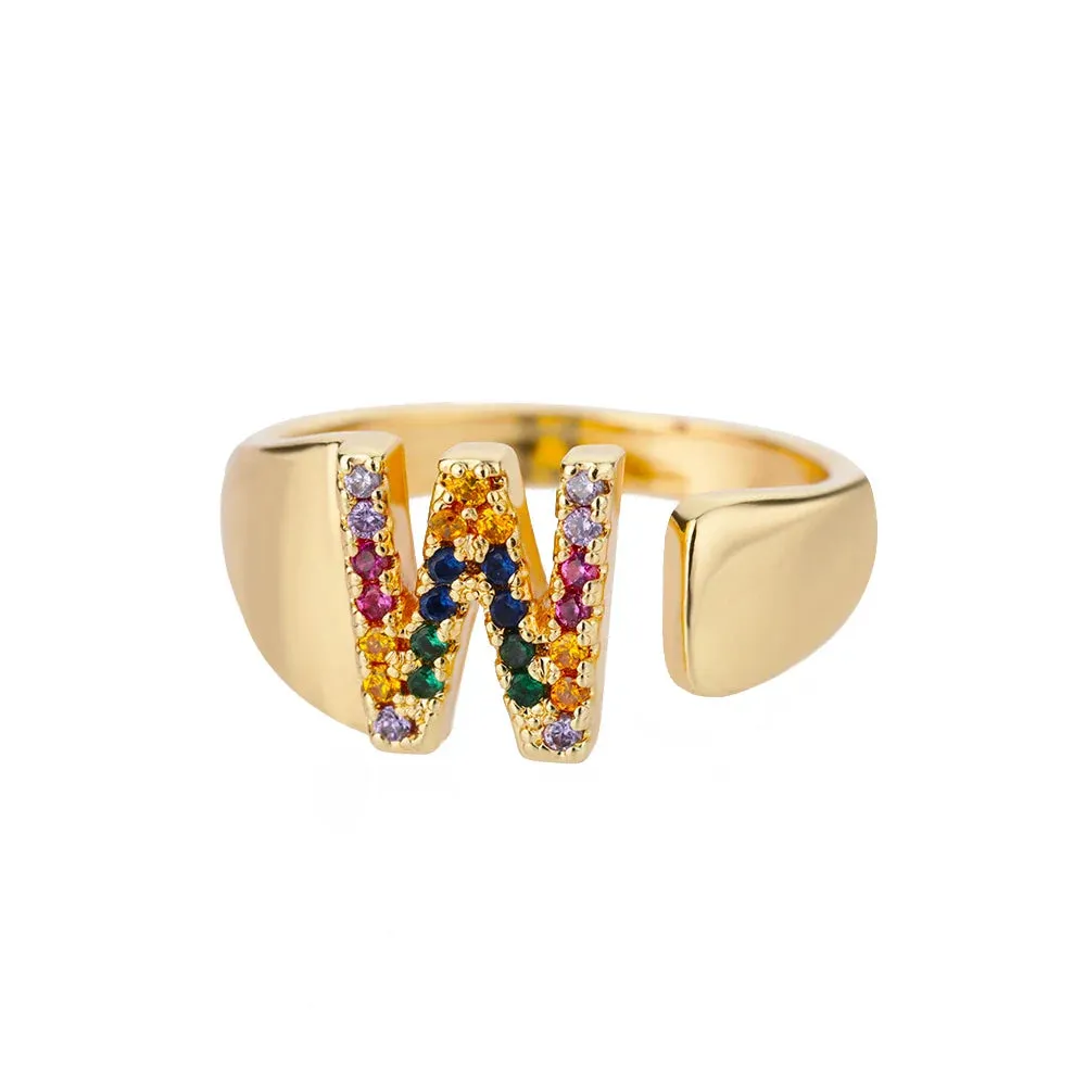 Rainbow Zircon Letter Rings For Women Fashion Chunky Wide Letter A-Z Stainless Steel Ring Wedding Boho