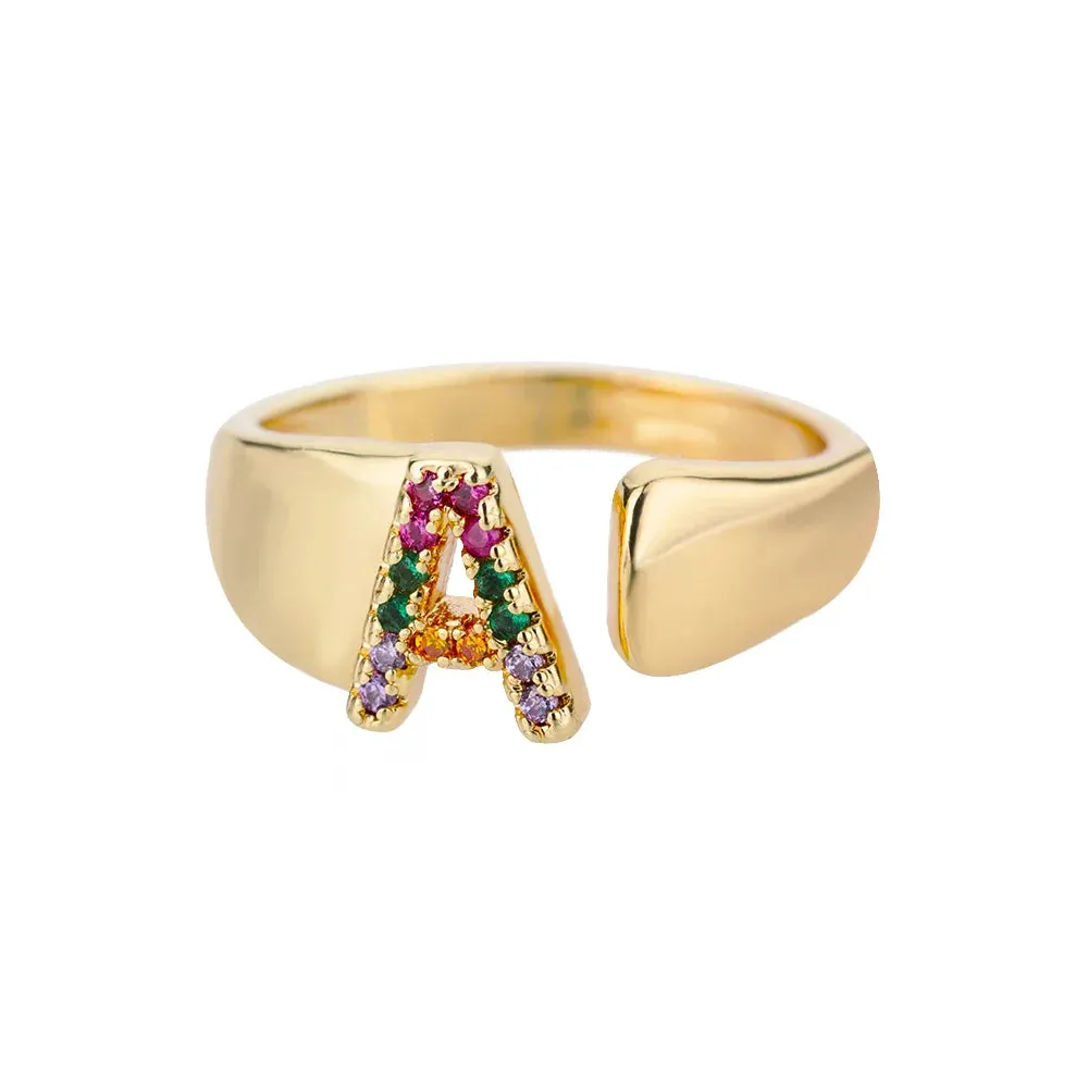Rainbow Zircon Letter Rings For Women Fashion Chunky Wide Letter A-Z Stainless Steel Ring Wedding Boho
