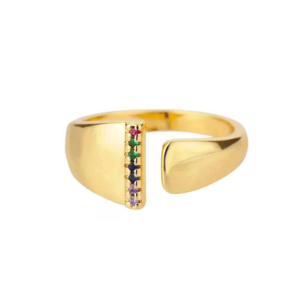 Rainbow Zircon Letter Rings For Women Fashion Chunky Wide Letter A-Z Stainless Steel Ring Wedding Boho