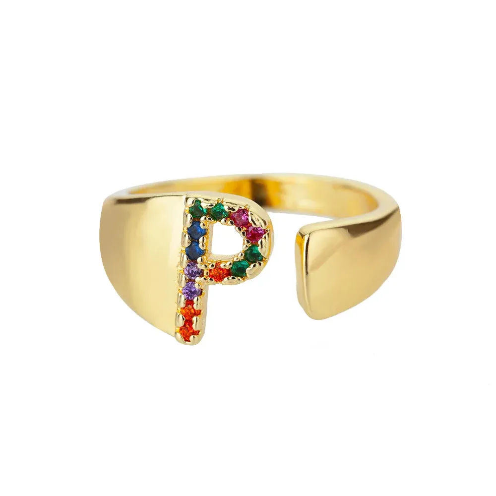 Rainbow Zircon Letter Rings For Women Fashion Chunky Wide Letter A-Z Stainless Steel Ring Wedding Boho