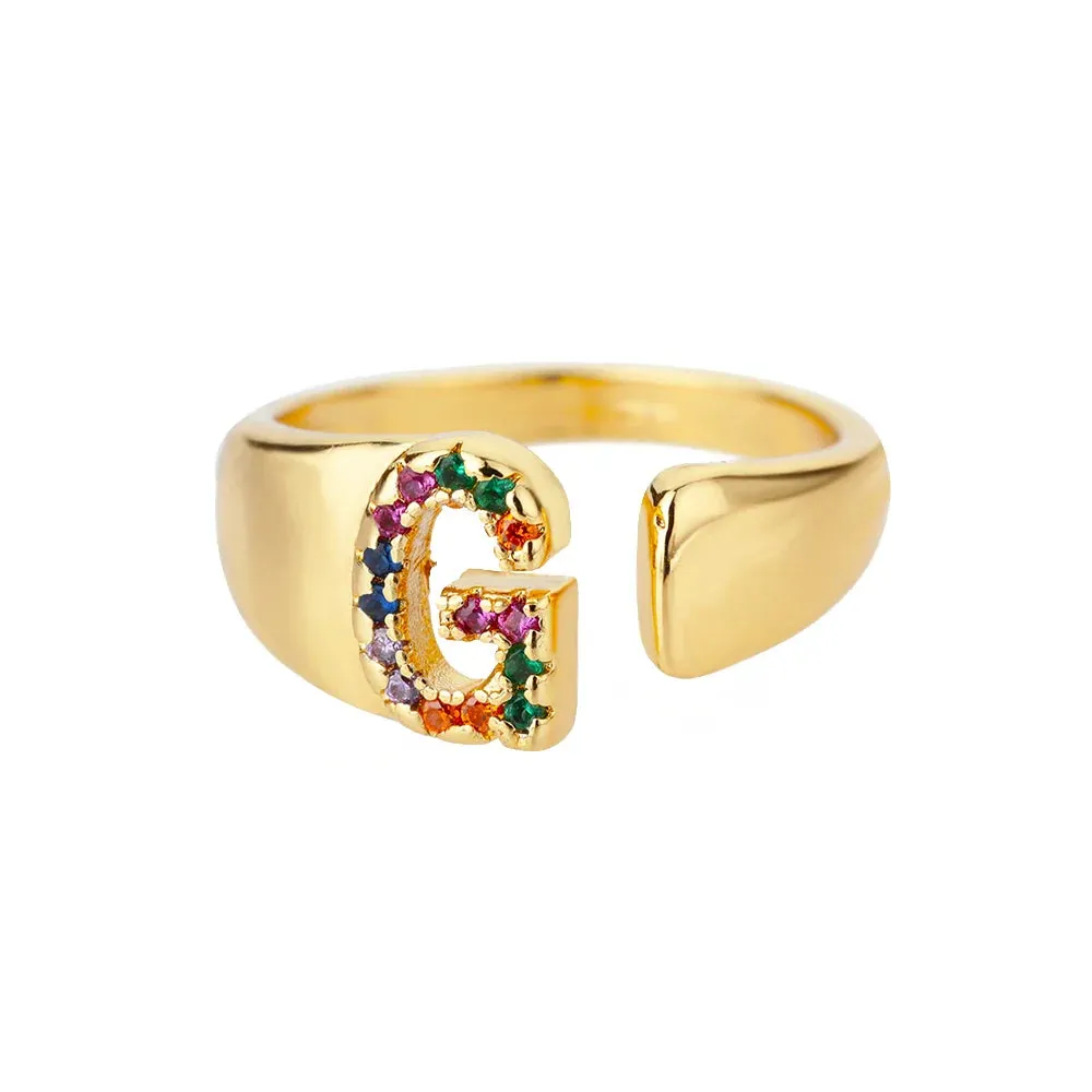 Rainbow Zircon Letter Rings For Women Fashion Chunky Wide Letter A-Z Stainless Steel Ring Wedding Boho