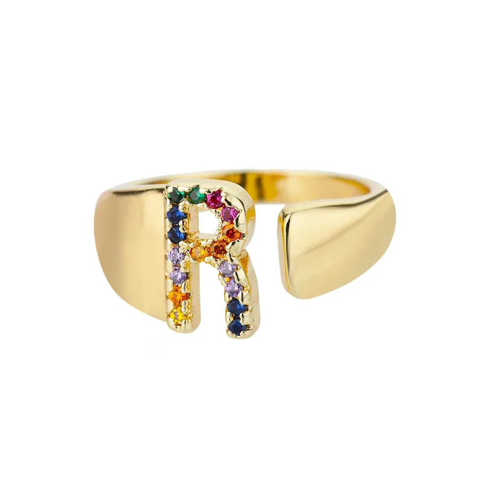 Rainbow Zircon Letter Rings For Women Fashion Chunky Wide Letter A-Z Stainless Steel Ring Wedding Boho