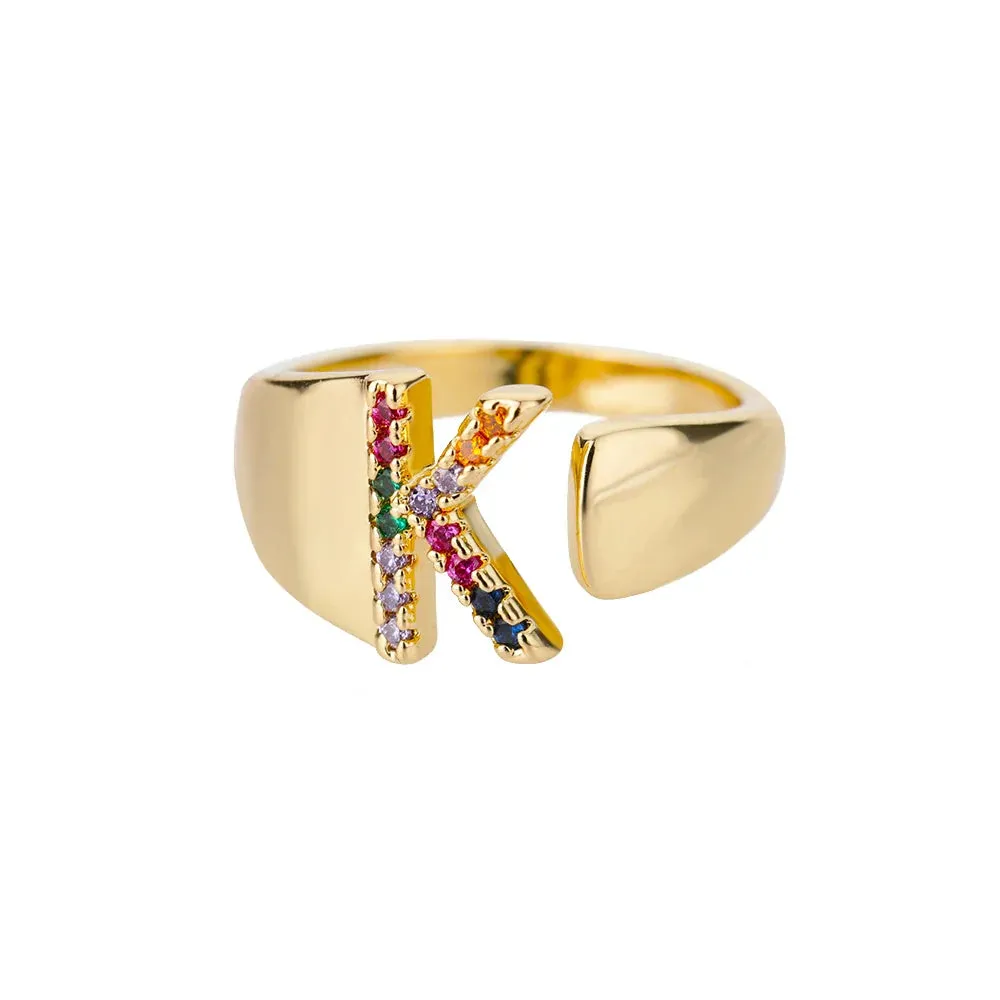 Rainbow Zircon Letter Rings For Women Fashion Chunky Wide Letter A-Z Stainless Steel Ring Wedding Boho