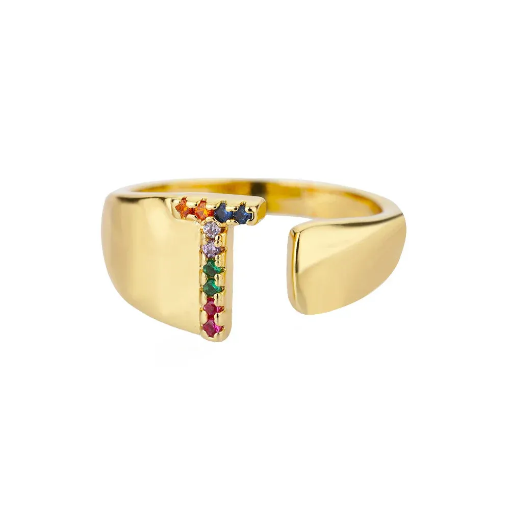 Rainbow Zircon Letter Rings For Women Fashion Chunky Wide Letter A-Z Stainless Steel Ring Wedding Boho