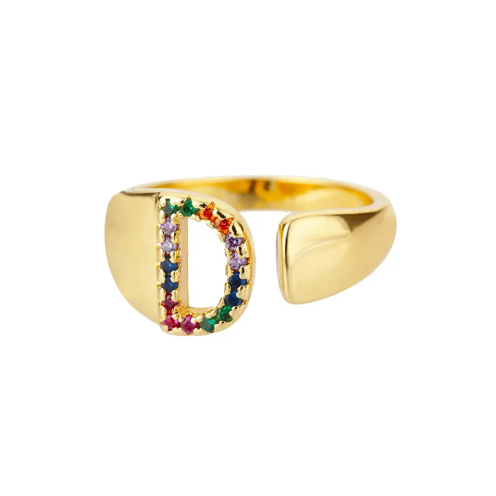 Rainbow Zircon Letter Rings For Women Fashion Chunky Wide Letter A-Z Stainless Steel Ring Wedding Boho