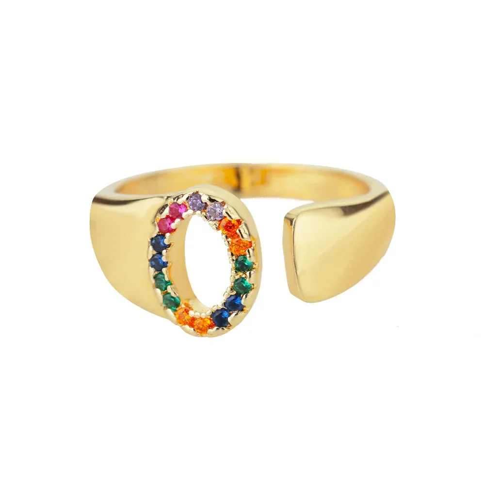 Rainbow Zircon Letter Rings For Women Fashion Chunky Wide Letter A-Z Stainless Steel Ring Wedding Boho