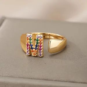 Rainbow Zircon Letter Rings For Women Fashion Chunky Wide Letter A-Z Stainless Steel Ring Wedding Boho