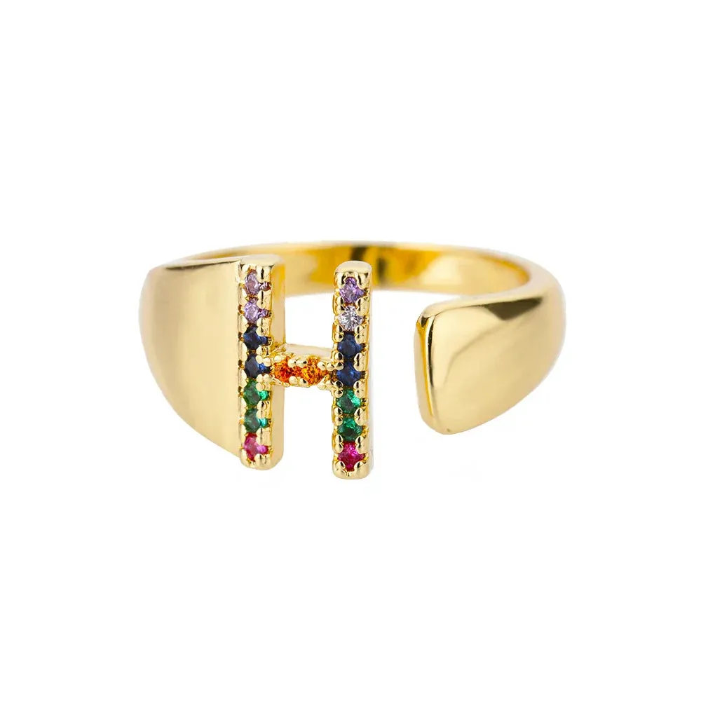 Rainbow Zircon Letter Rings For Women Fashion Chunky Wide Letter A-Z Stainless Steel Ring Wedding Boho