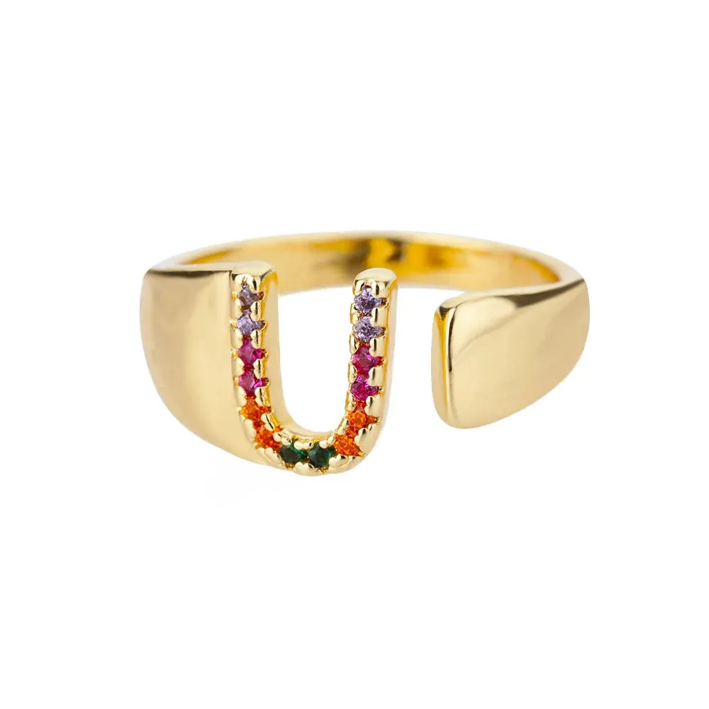 Rainbow Zircon Letter Rings For Women Fashion Chunky Wide Letter A-Z Stainless Steel Ring Wedding Boho