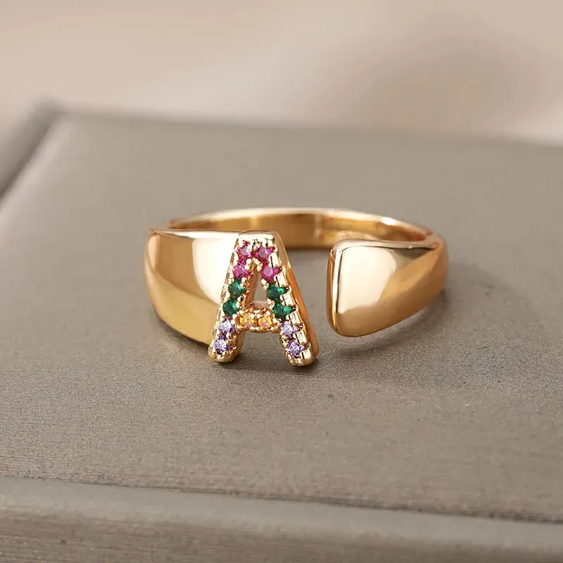 Rainbow Zircon Letter Rings For Women Fashion Chunky Wide Letter A-Z Stainless Steel Ring Wedding Boho