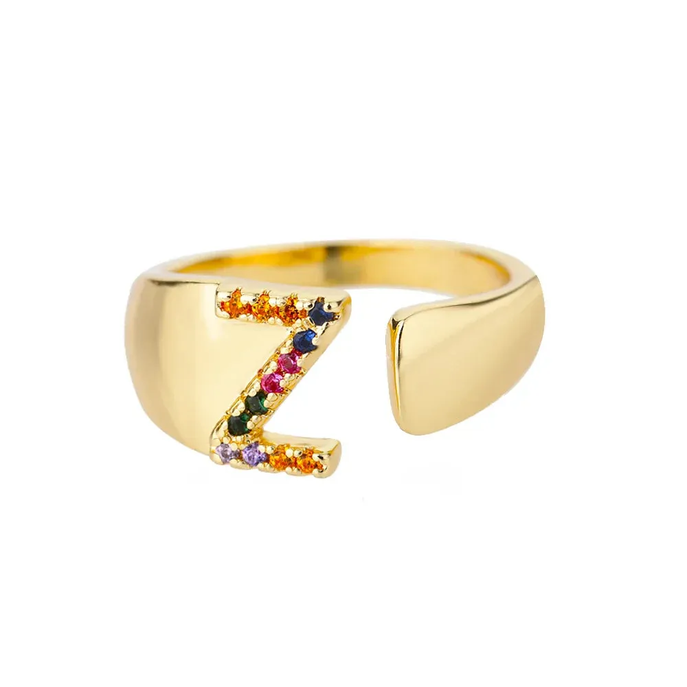 Rainbow Zircon Letter Rings For Women Fashion Chunky Wide Letter A-Z Stainless Steel Ring Wedding Boho