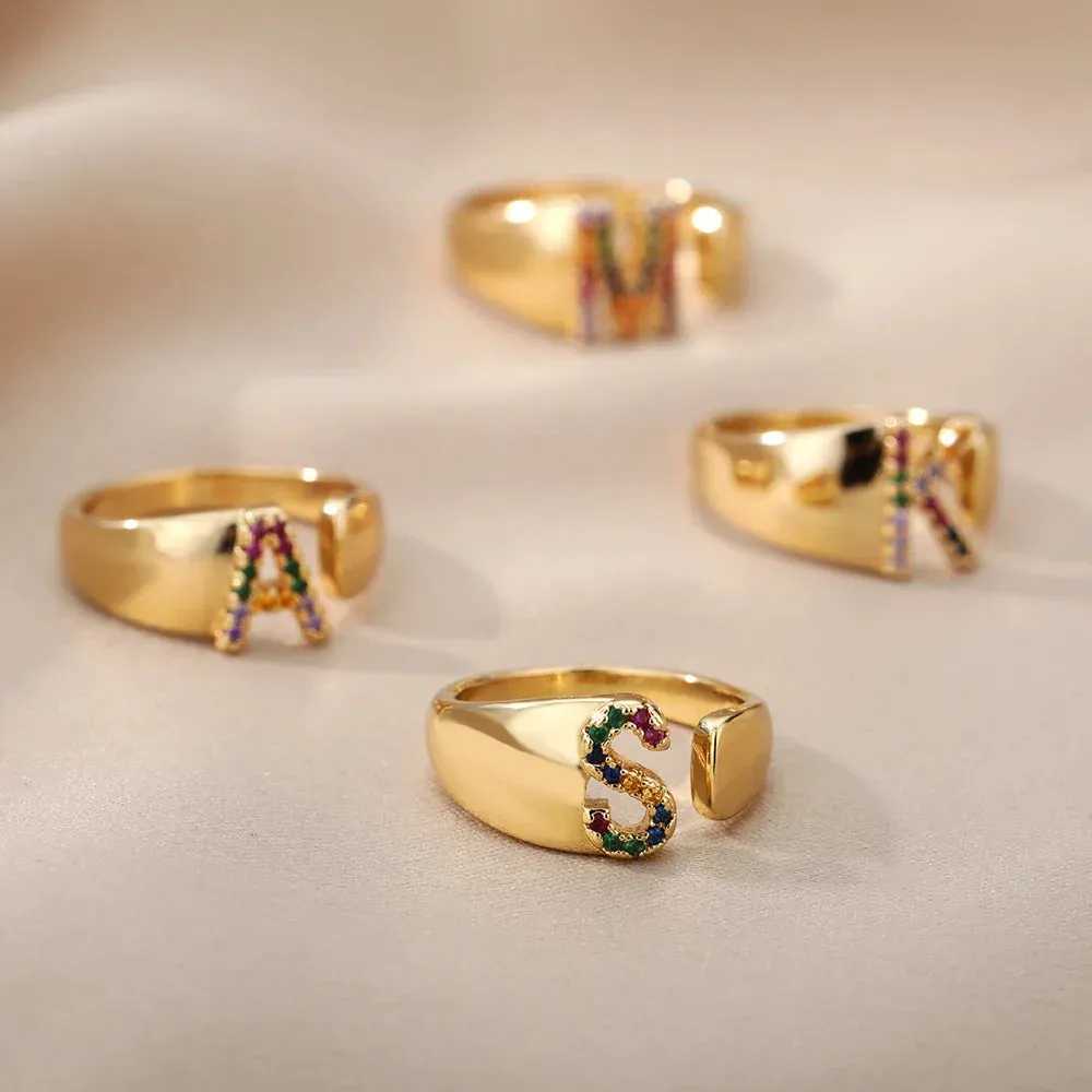 Rainbow Zircon Letter Rings For Women Fashion Chunky Wide Letter A-Z Stainless Steel Ring Wedding Boho