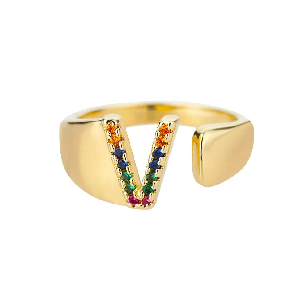 Rainbow Zircon Letter Rings For Women Fashion Chunky Wide Letter A-Z Stainless Steel Ring Wedding Boho