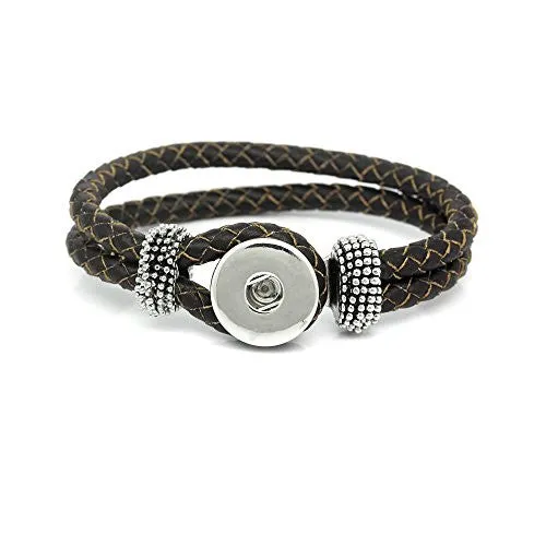 Real Leather Copper Braiding Charm Bracelets Coffee Chunk Button Fit Interchangeable Snaps 21cm(8 2/8")
