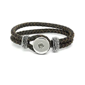 Real Leather Copper Braiding Charm Bracelets Coffee Chunk Button Fit Interchangeable Snaps 21cm(8 2/8")