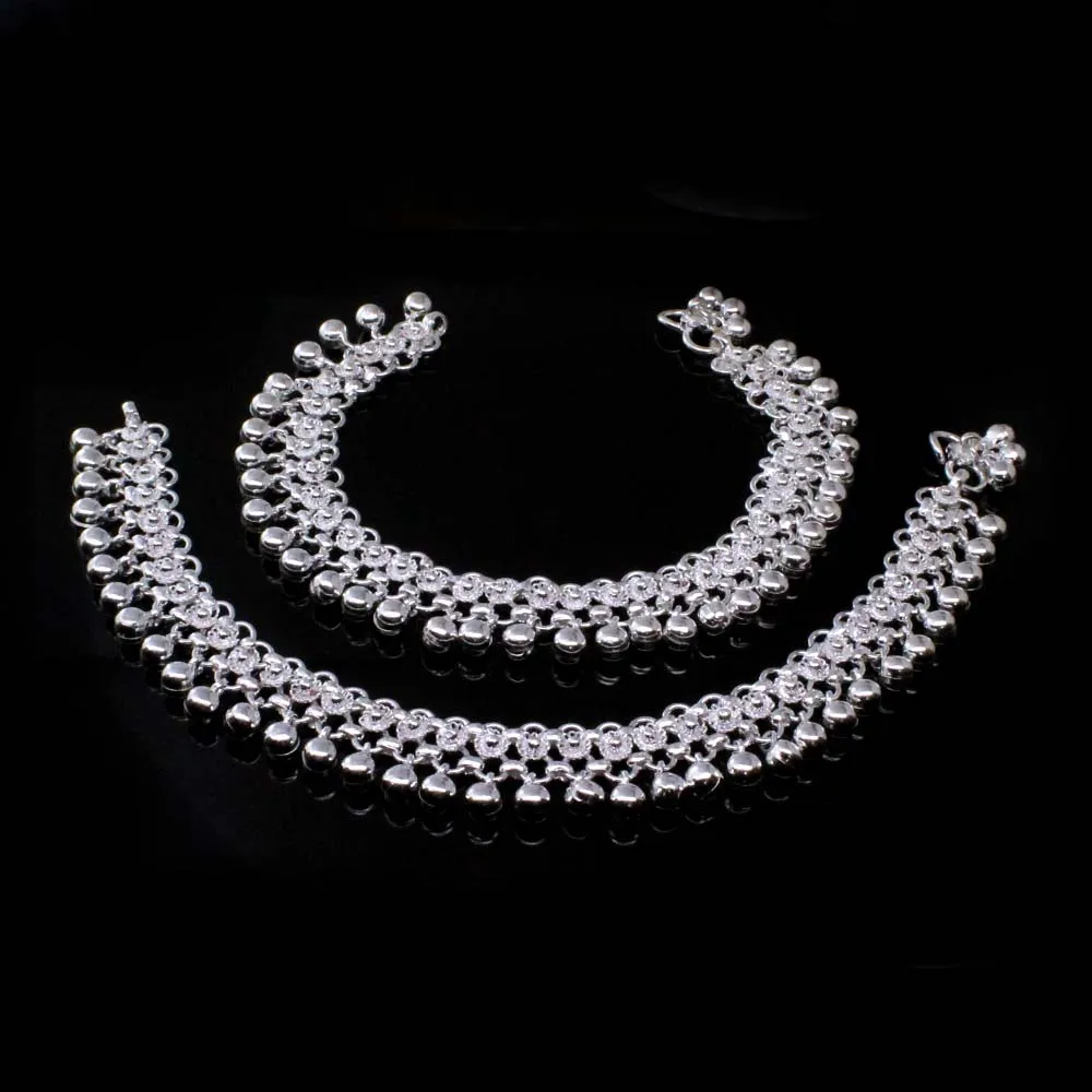 Real Sterling Silver Women Jingle Bells Style Anklets Ankle Bracelet Pair 10.3"