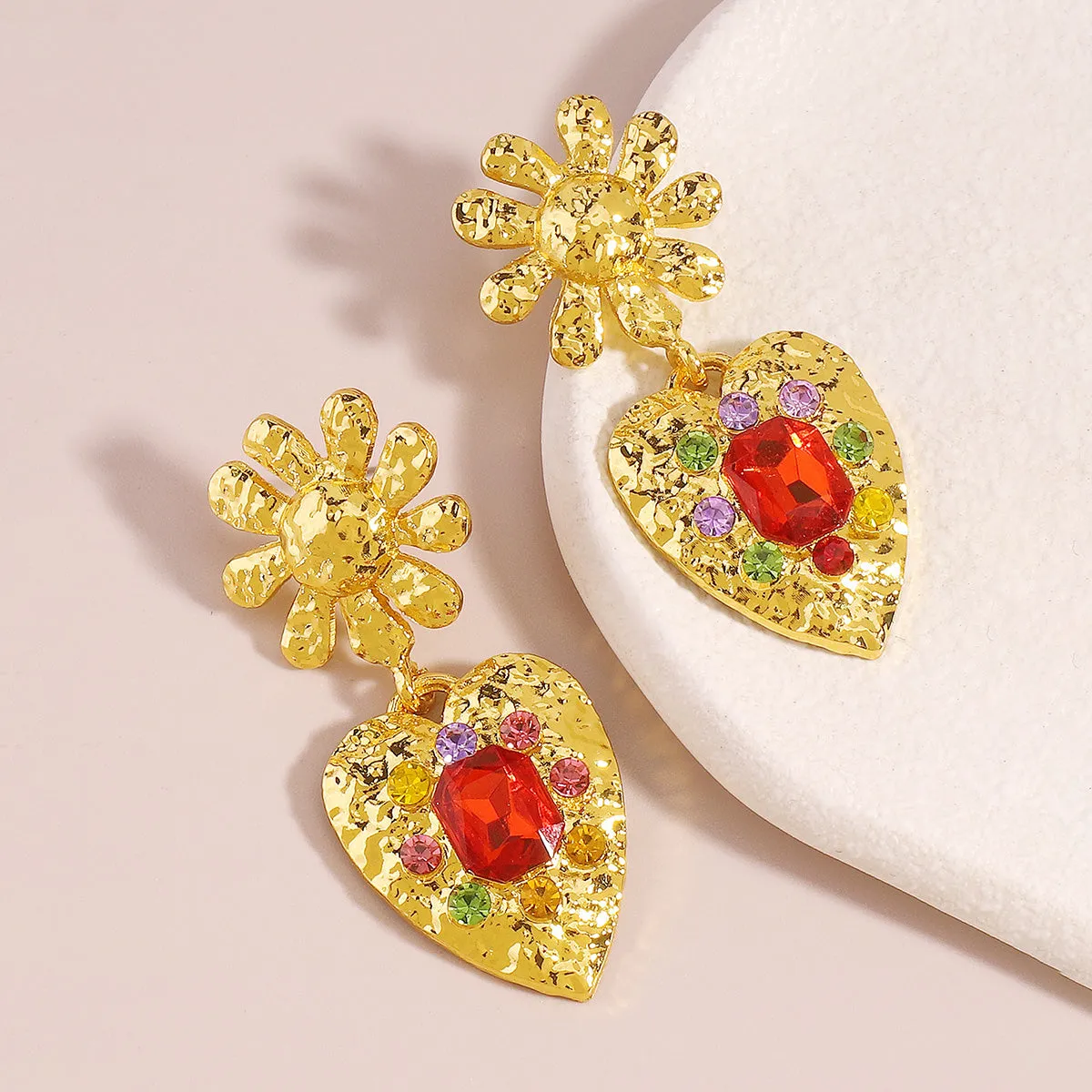 Red Crystal & Cubic Zirconia 18K Gold-Plated Flower Heart Drop Earrings