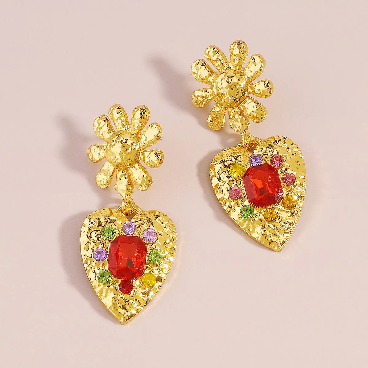 Red Crystal & Cubic Zirconia 18K Gold-Plated Flower Heart Drop Earrings