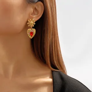 Red Crystal & Cubic Zirconia 18K Gold-Plated Flower Heart Drop Earrings