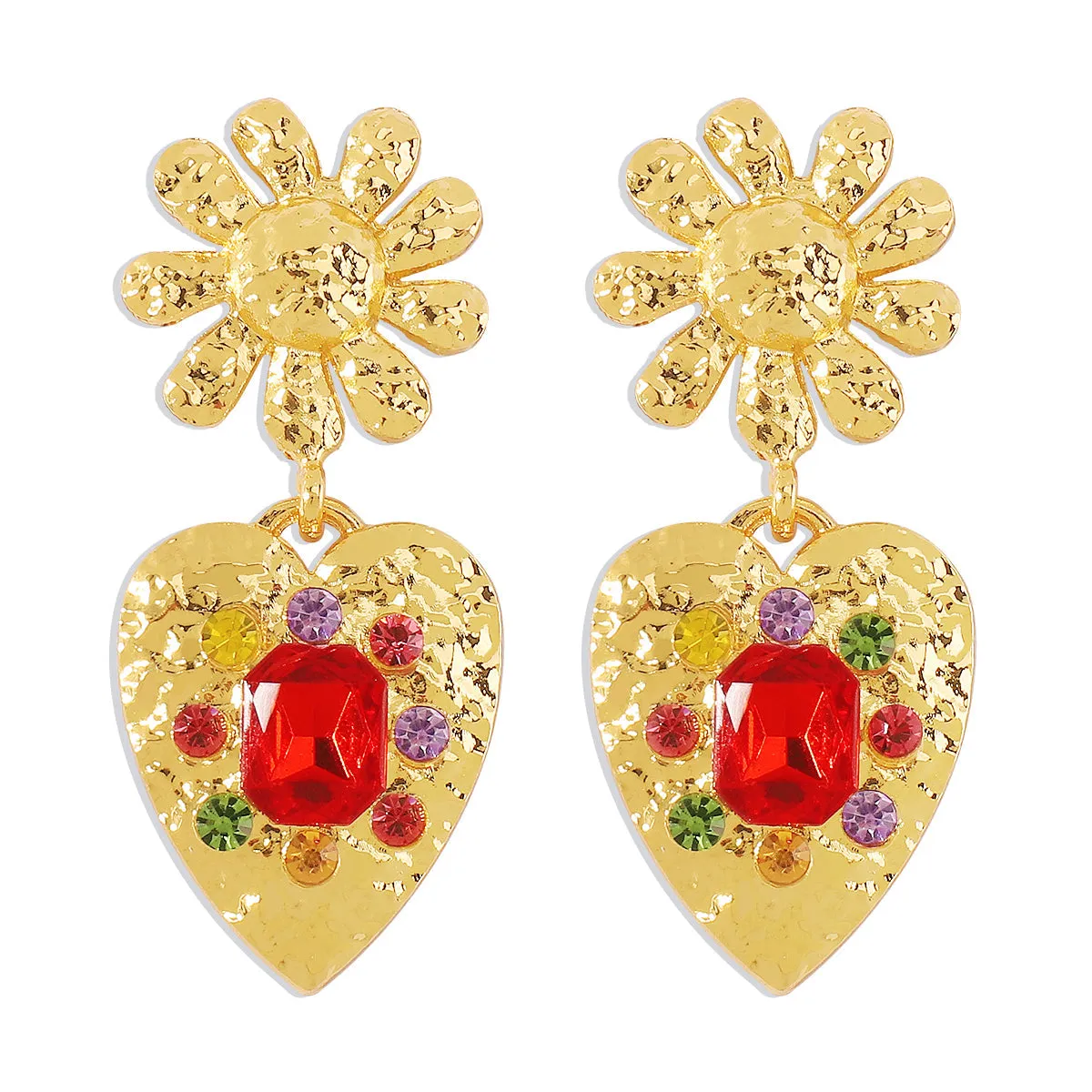 Red Crystal & Cubic Zirconia 18K Gold-Plated Flower Heart Drop Earrings