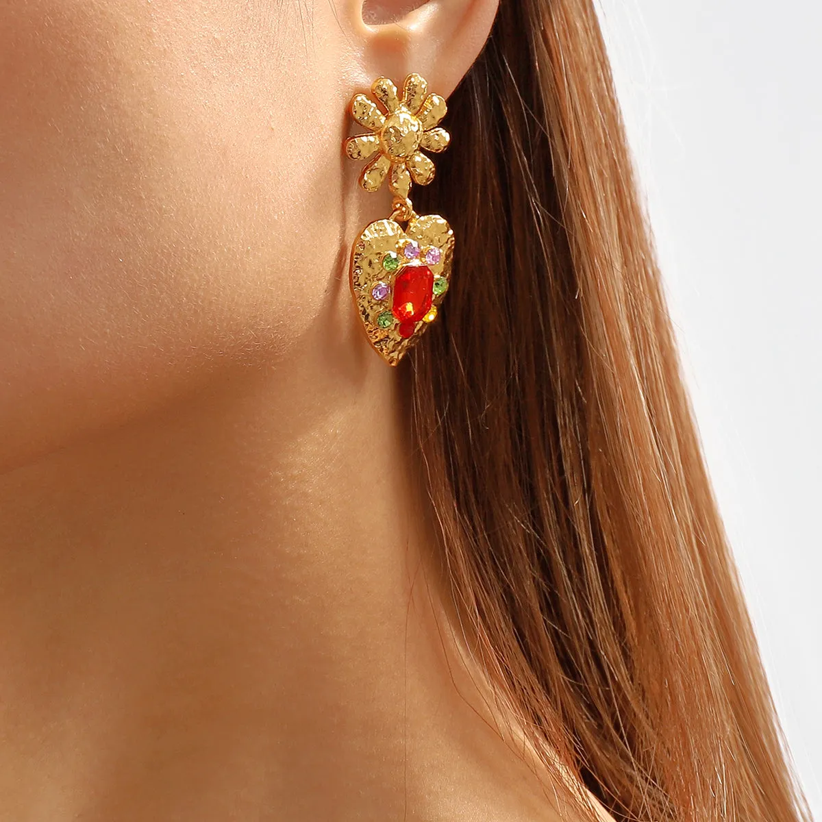 Red Crystal & Cubic Zirconia 18K Gold-Plated Flower Heart Drop Earrings