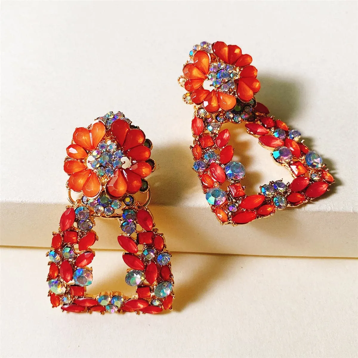 Red Crystal & Cubic Zirconia Flower Ladder Drop Earrings