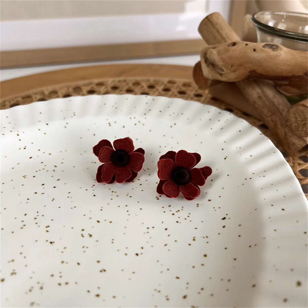 Red Flocked & Silver-Plated Flower Stud Earrings