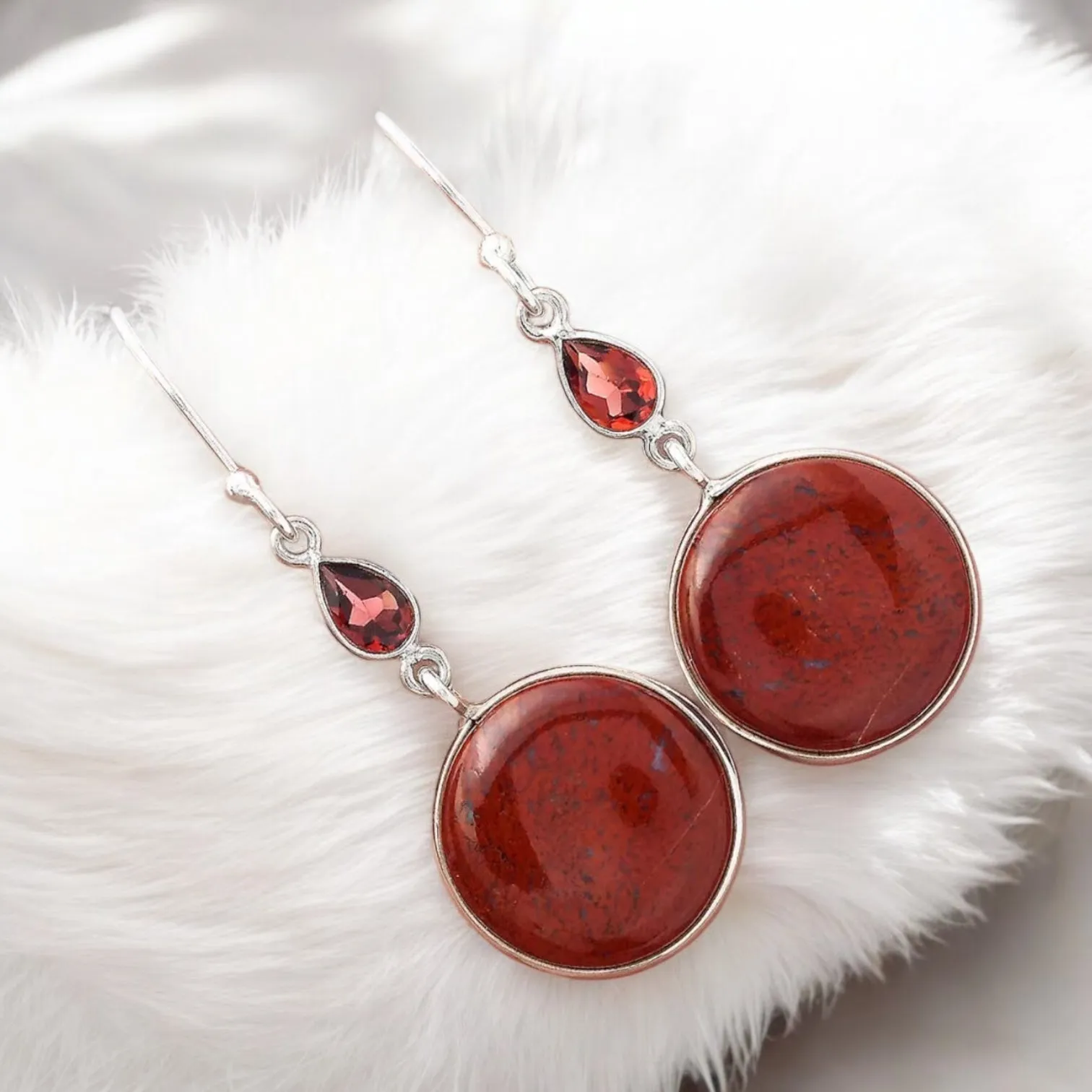 Red Moss Agate & Garnet Solid 925 Sterling Silver Earrings