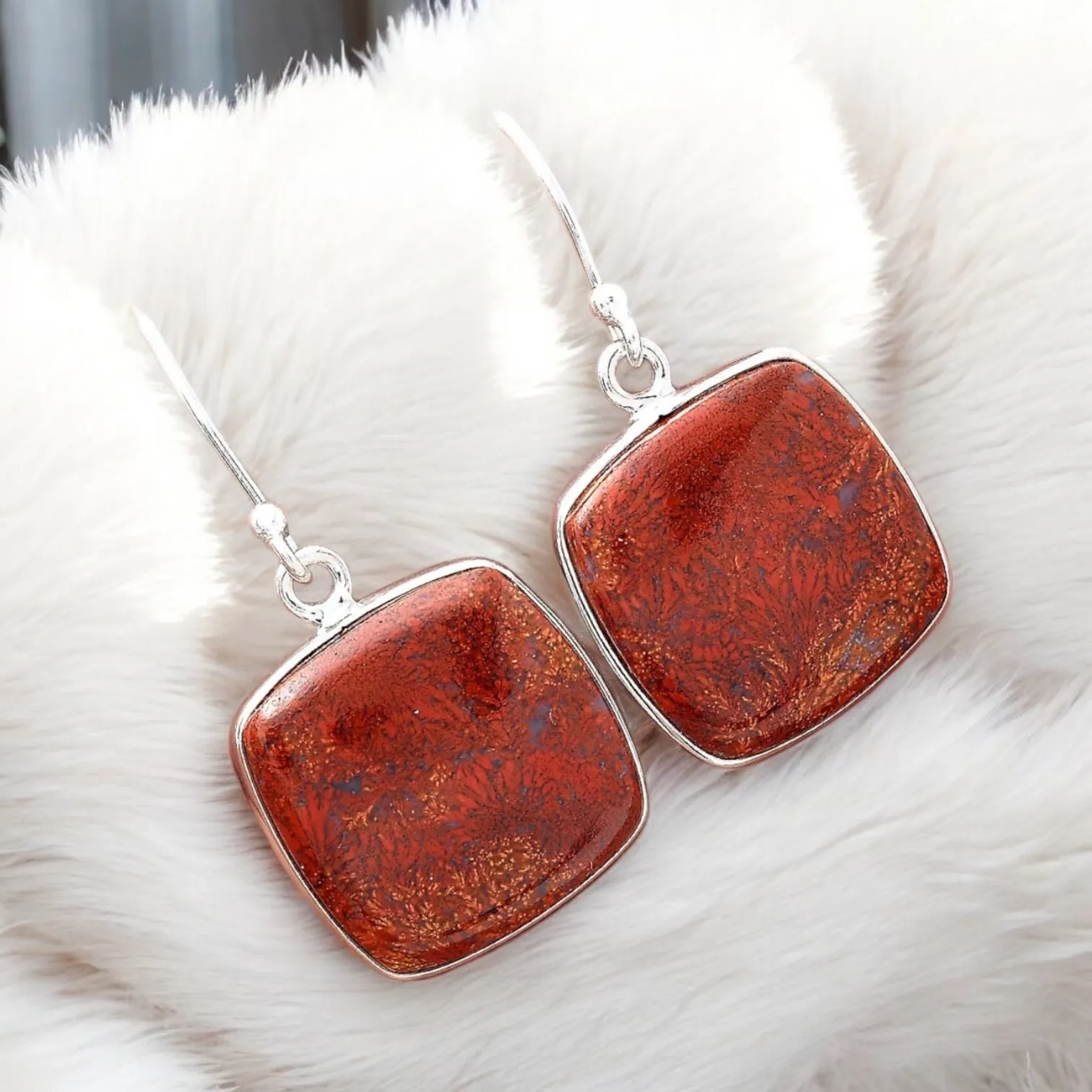 Red Moss Agate Solid 925 Sterling Silver Earrings
