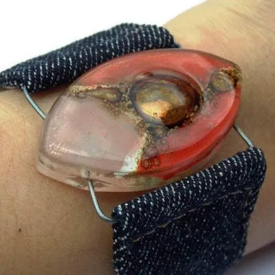 Red, pink and  Brown Fused Glass and reclaimed Denim Cuff. Vegan Bracelet.