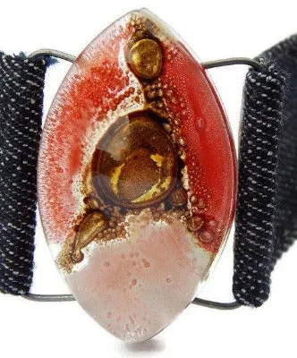 Red, pink and  Brown Fused Glass and reclaimed Denim Cuff. Vegan Bracelet.