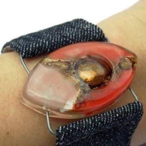Red, pink and  Brown Fused Glass and reclaimed Denim Cuff. Vegan Bracelet.