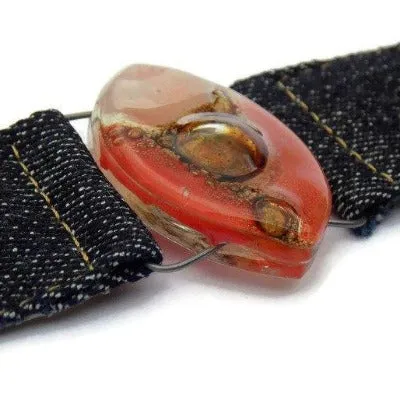 Red, pink and  Brown Fused Glass and reclaimed Denim Cuff. Vegan Bracelet.