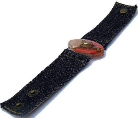 Red, pink and  Brown Fused Glass and reclaimed Denim Cuff. Vegan Bracelet.