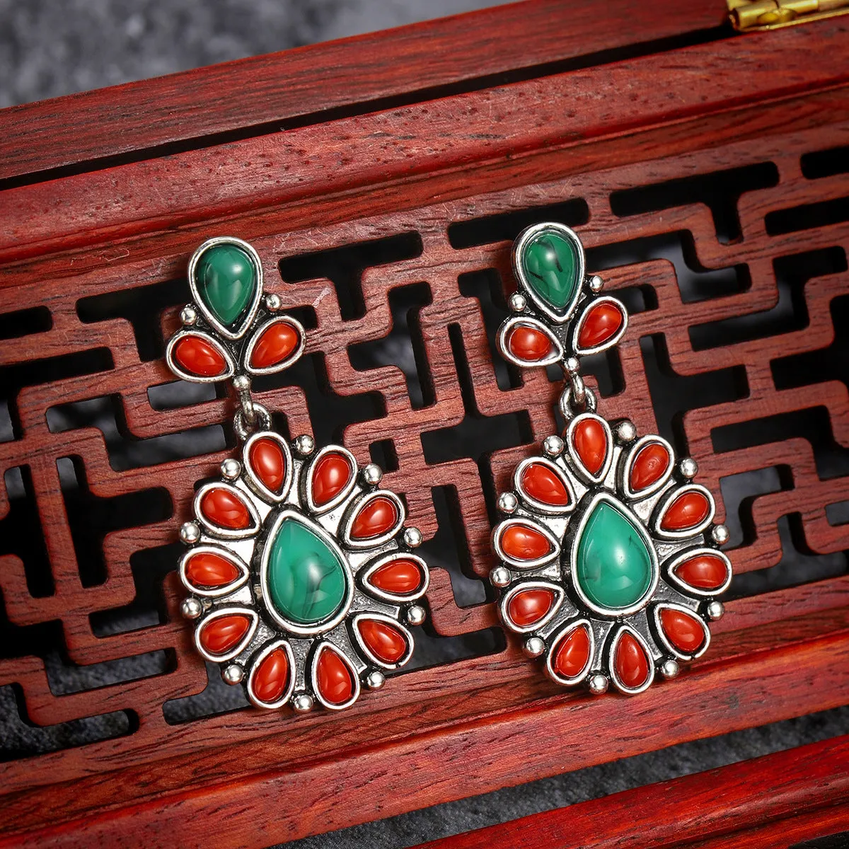 Red Resin & Turquoise Silver-Plated Oval Drop Earrings