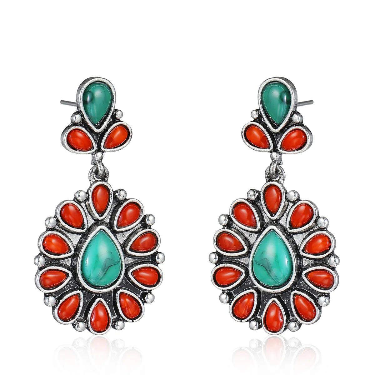 Red Resin & Turquoise Silver-Plated Oval Drop Earrings