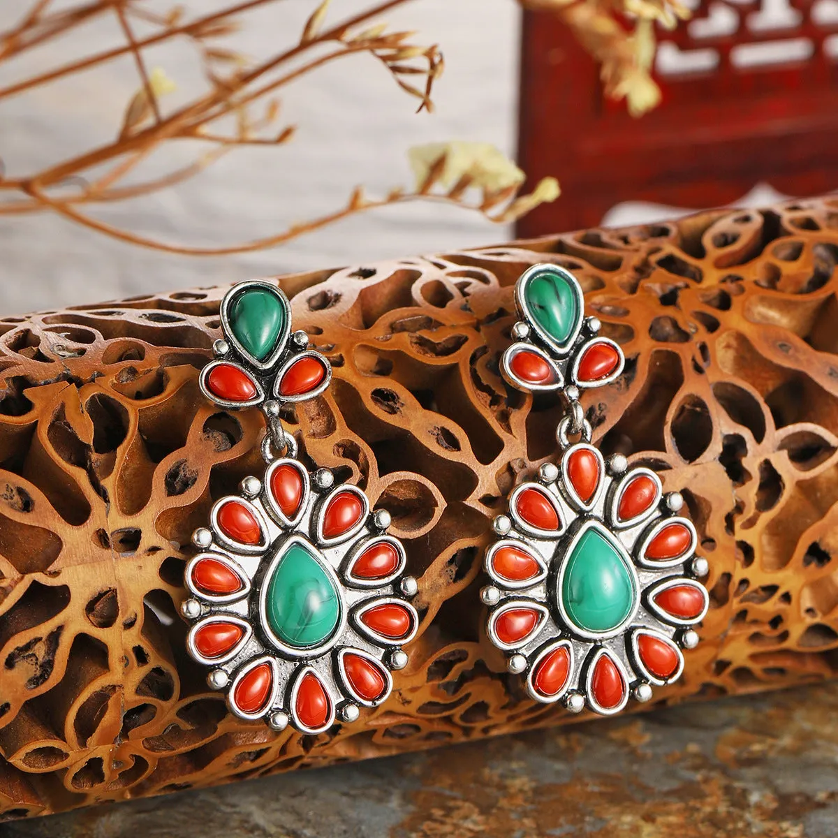 Red Resin & Turquoise Silver-Plated Oval Drop Earrings