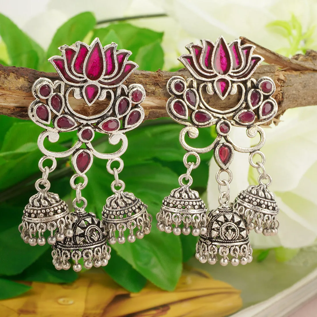 Red Stone Lotus Triple Jhumki Earrings