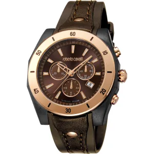 Roberto Cavalli Men's Chronograph Watch With Black/Brown Combination Of Silicon & Leather Strap