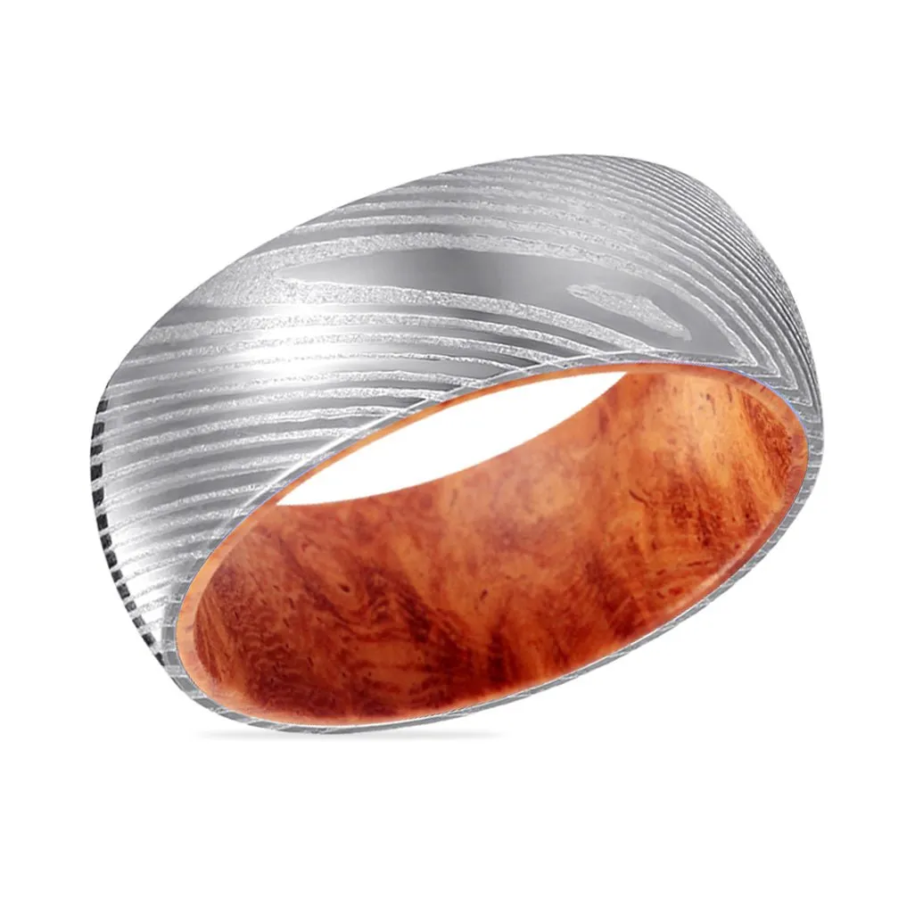 ROJO | Red Burl Wood, Silver Damascus Steel, Domed