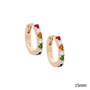 Rose Gold Plated Sterling Silver Hoop Earrings with Multi Colour Cubic Zirconias 14mm E590R