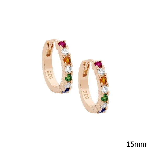 Rose Gold Plated Sterling Silver Hoop Earrings with Multi Colour Cubic Zirconias 14mm E590R