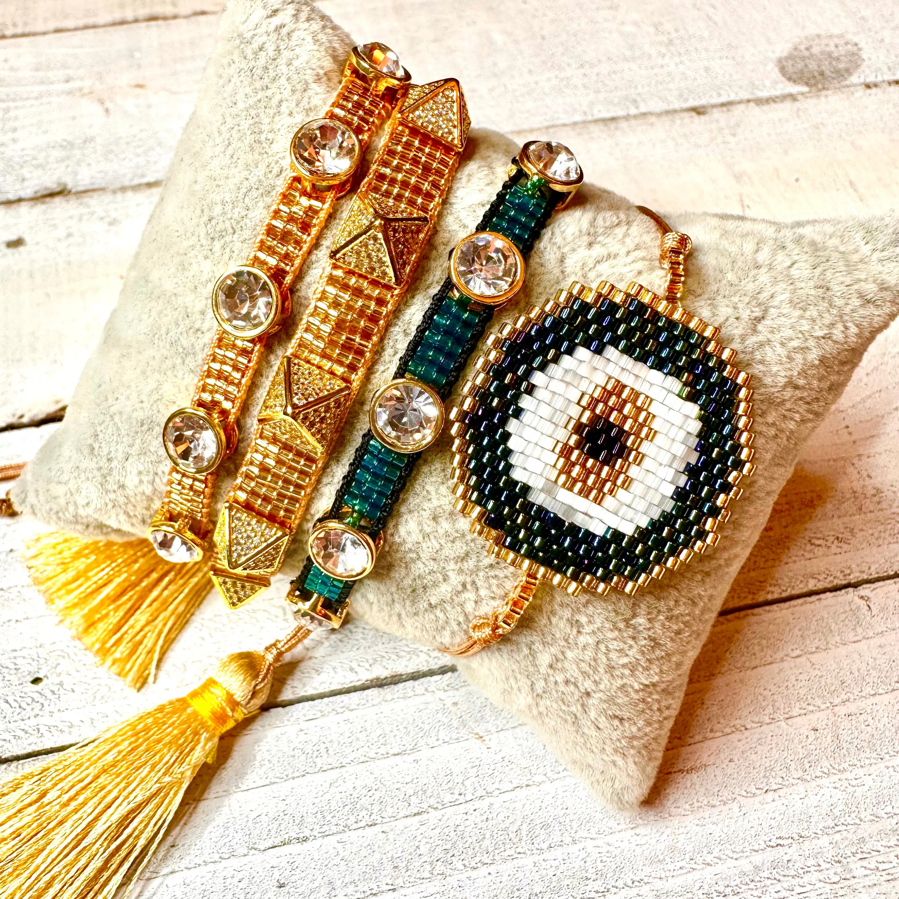 Round Evil Eye Stack of 4 made out of MIYUKI beads 430-16 | Erika Williner Designs
