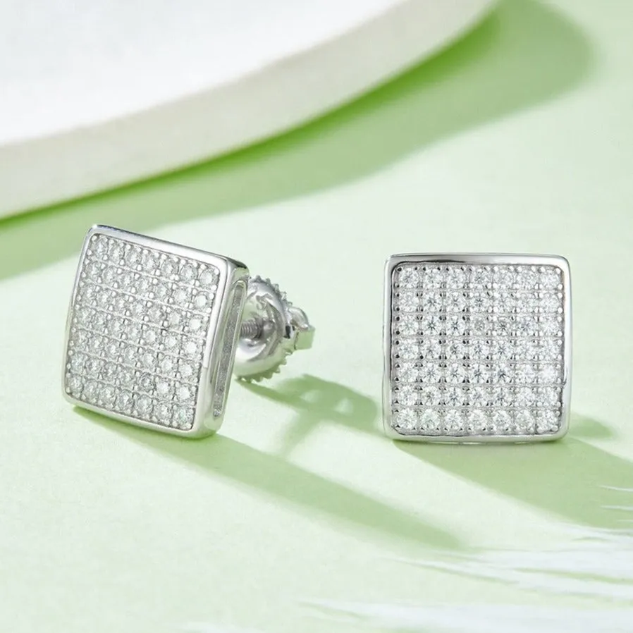 S925 Moissanite Diamond Square Stud Earrings in White Gold - 10mm